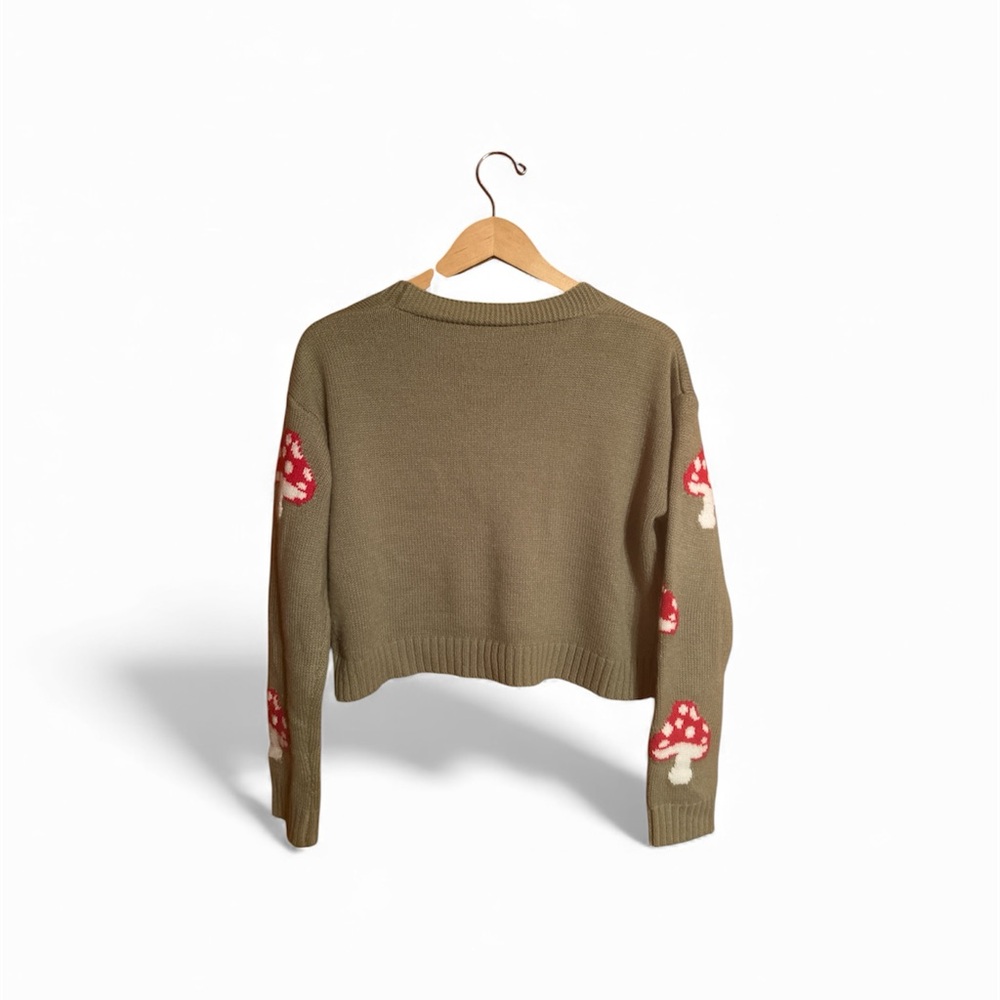 Whimsical Green and Red Mushroom Cardigan Sweater Women’s Size Large - Picture 3 of 3